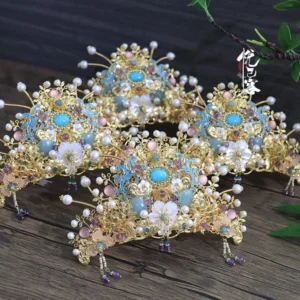 Yunyan traditional Chinese Hanfu crown headpieces with blue cloisonne patterns pearls colorful beads and dangling pendants