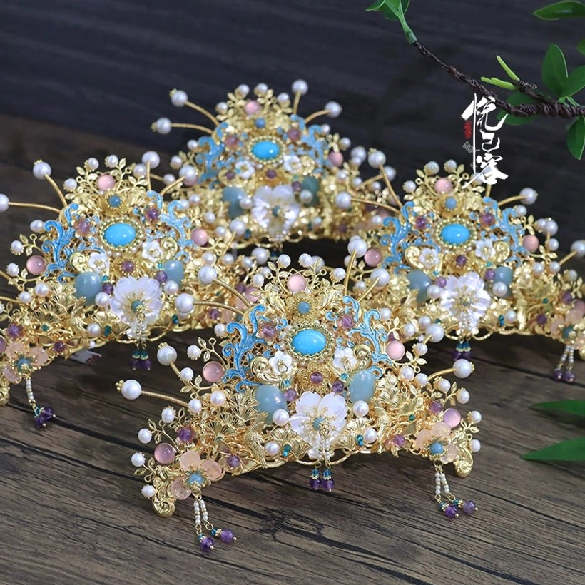 Yunyan traditional Chinese Hanfu crown headpieces with blue cloisonne patterns pearls colorful beads and dangling pendants