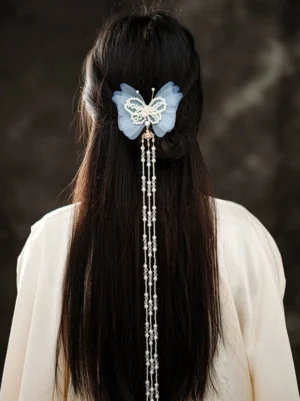 Zhuang Mengdie light blue butterfly tassel Hanfu back hair pin worn on long black hair from the back