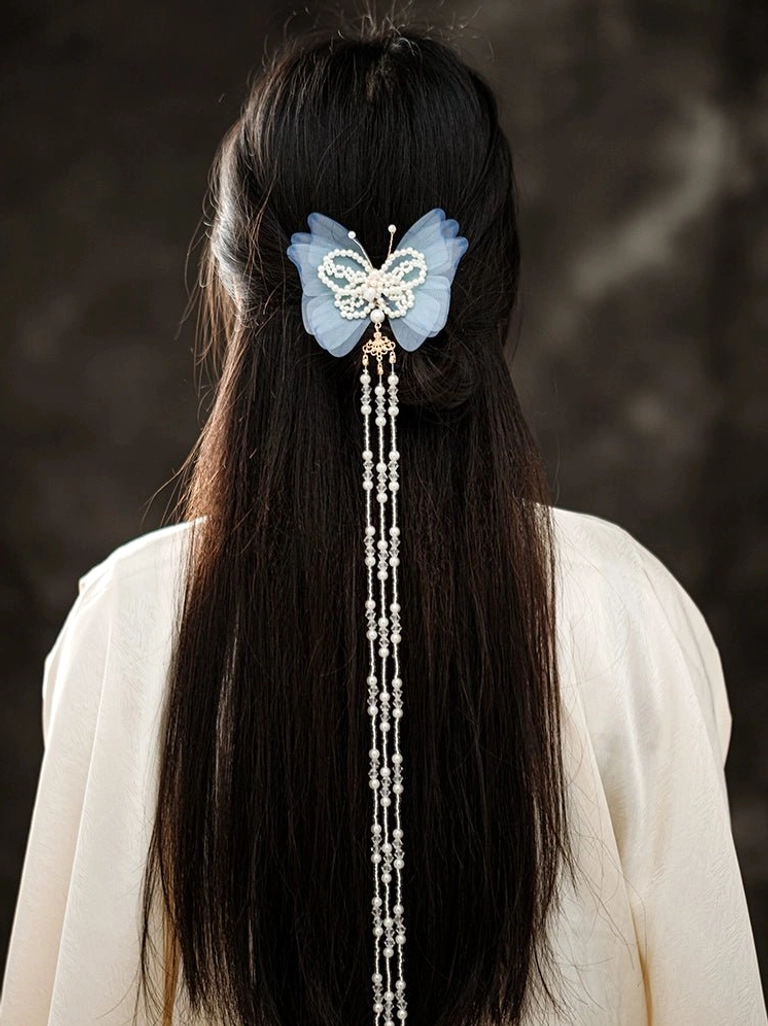 Zhuang Mengdie light blue butterfly tassel Hanfu back hair pin worn on long black hair from the back