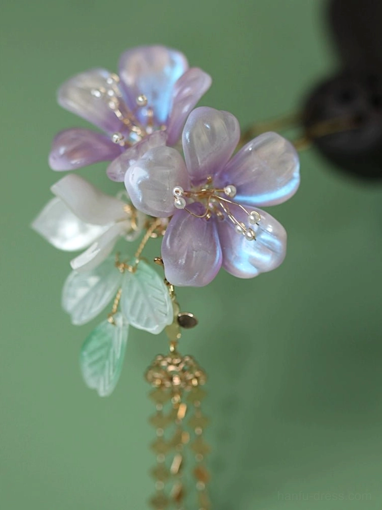Purple iridescent flower cluster hair pin with white blossoms green leaves and long gold tassels for traditional Chinese Hanfu