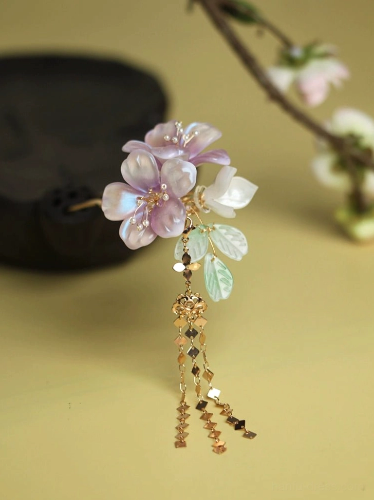 Side view of Ziqing purple floral tassel hair pin with gold geometric pendants for elegant Chinese inspired hairstyles