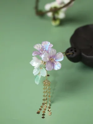 Ziqing purple floral tassel hair pin with green leaves white blossoms and gold chain tassels for Hanfu hairstyles