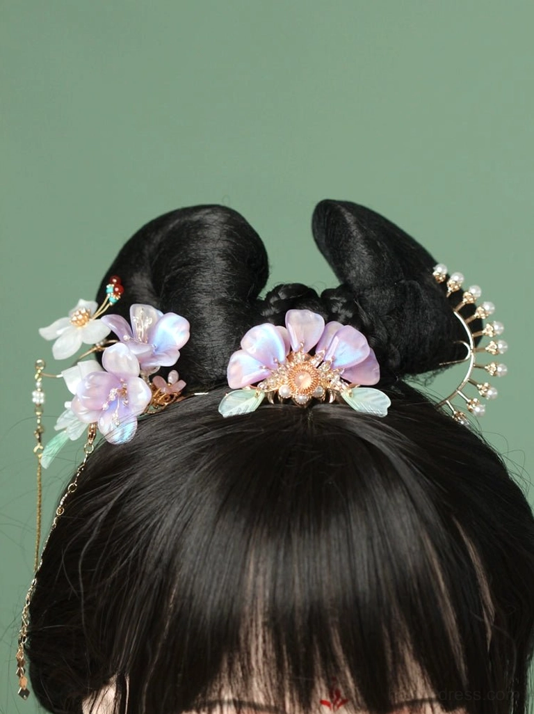 Ziqing purple flower tassel hair pin styled on a traditional Chinese Hanfu bun hairstyle with pearl hair ornaments