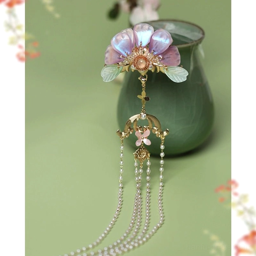 Zixuan purple pink flower Hanfu hair pin with glossy glass petals layered pearl tassel green leaves and gold tone frame displayed with floral decorations