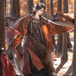 Side view of Late Tang qixiong ruqun Hanfu full set featuring flowing wide-sleeve outer cardigan, brown gradient layers, dark floral skirt, and matching shawl in a cedar forest